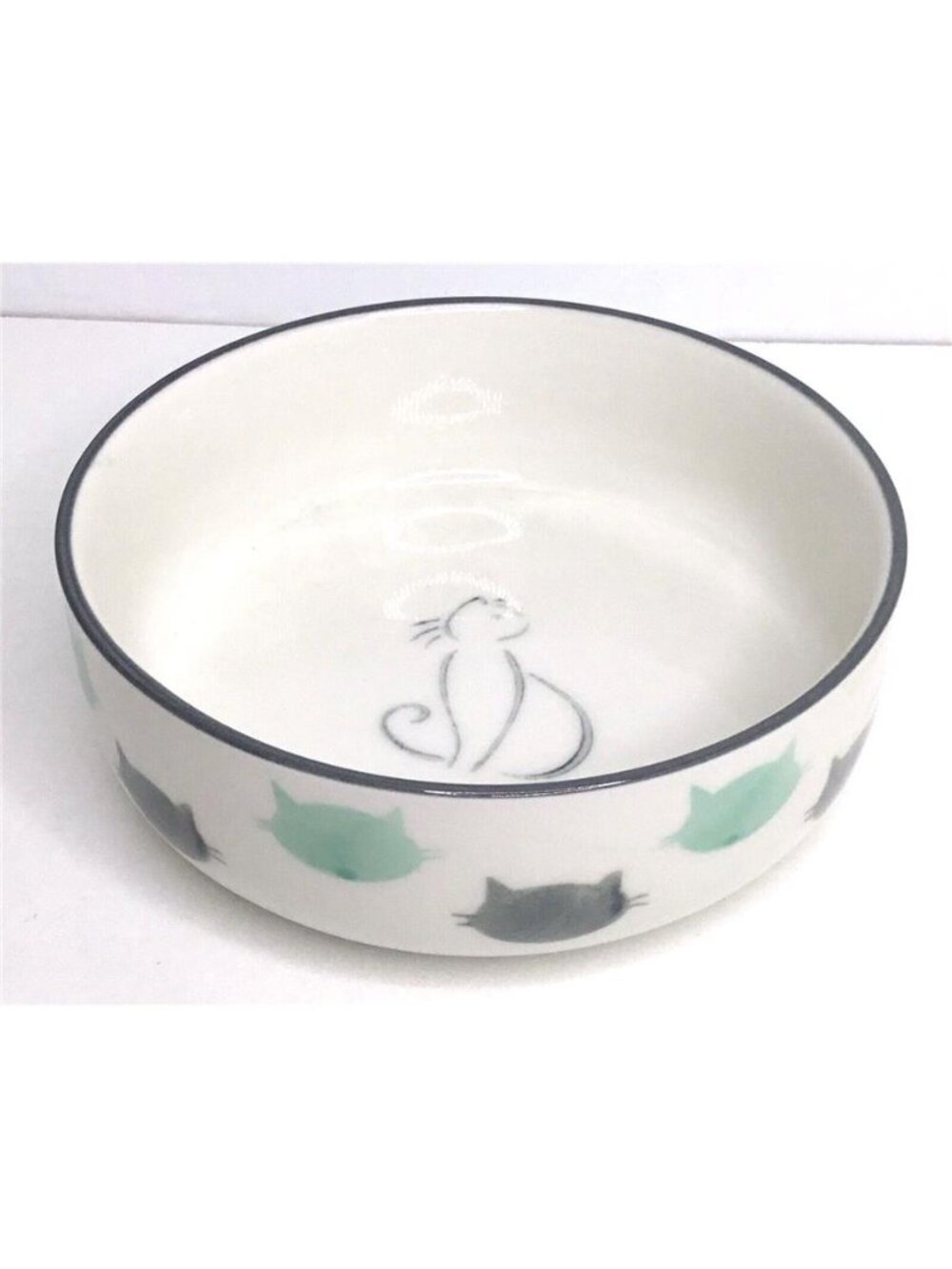 Signature Cat Bowls Green Gray Cat Faces Ceramic 5” New
